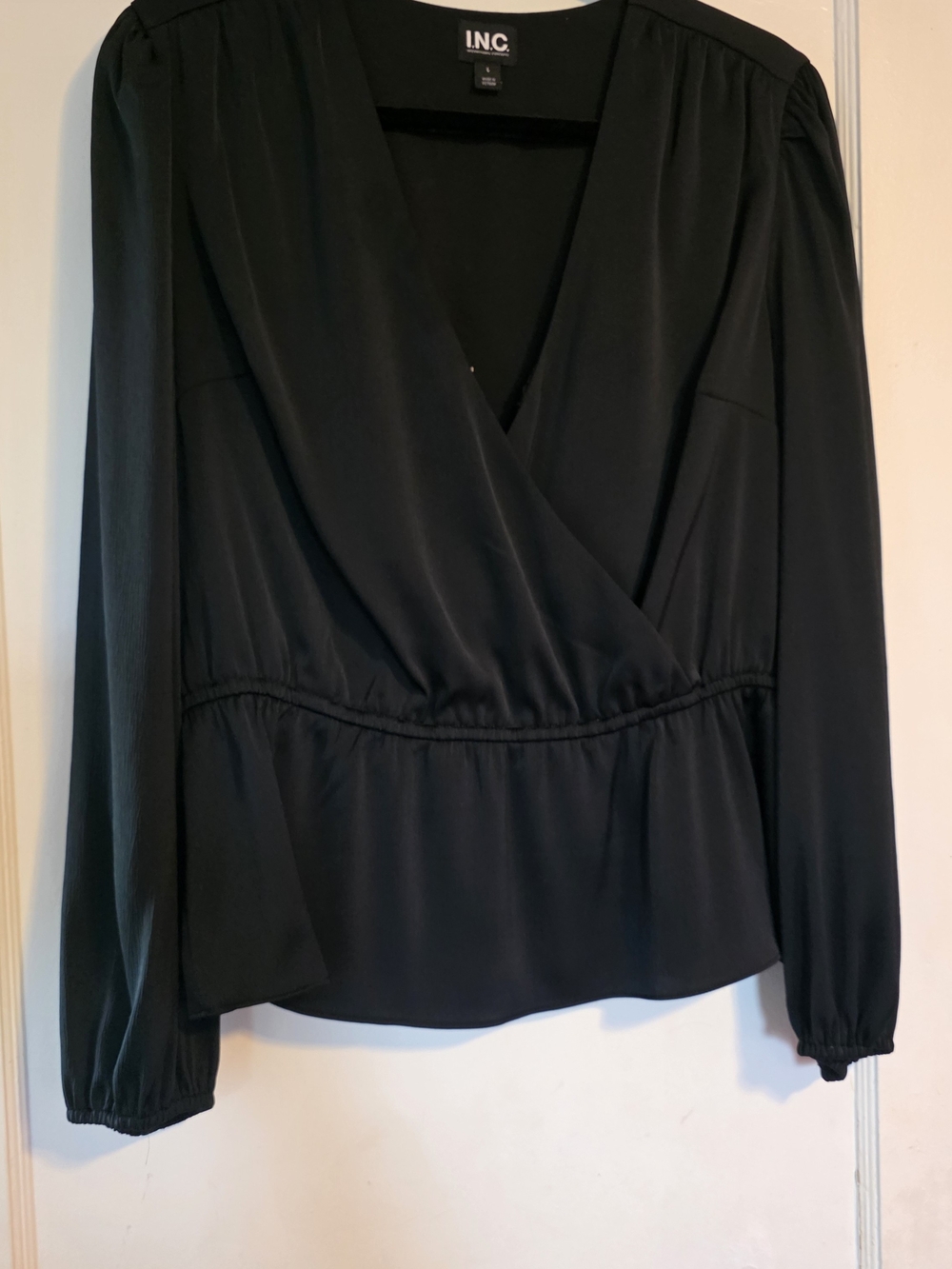 INC International Concepts Black Surplice Long-Sleeve Blouse